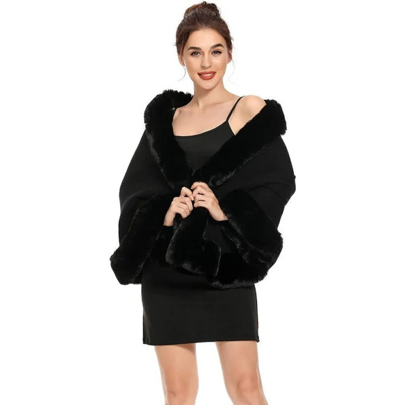 Zlyc Women Winter Faux Fur Shawl Stole  Warm Wrap Cape - Black - Picture 3 of 7